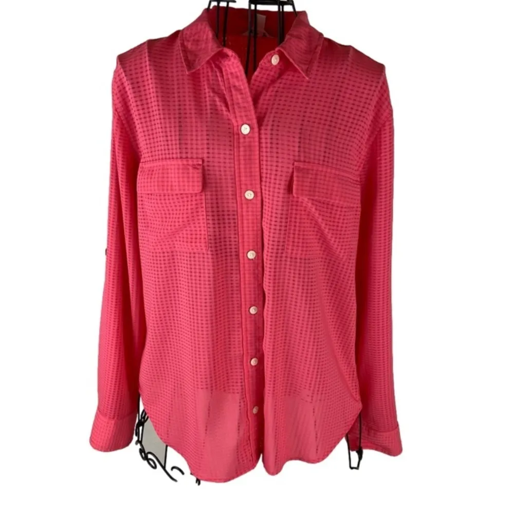 CALVIN KLEIN Coral Long Sleeve Sheer Button Down Top Women’s Size Medium - Image 77