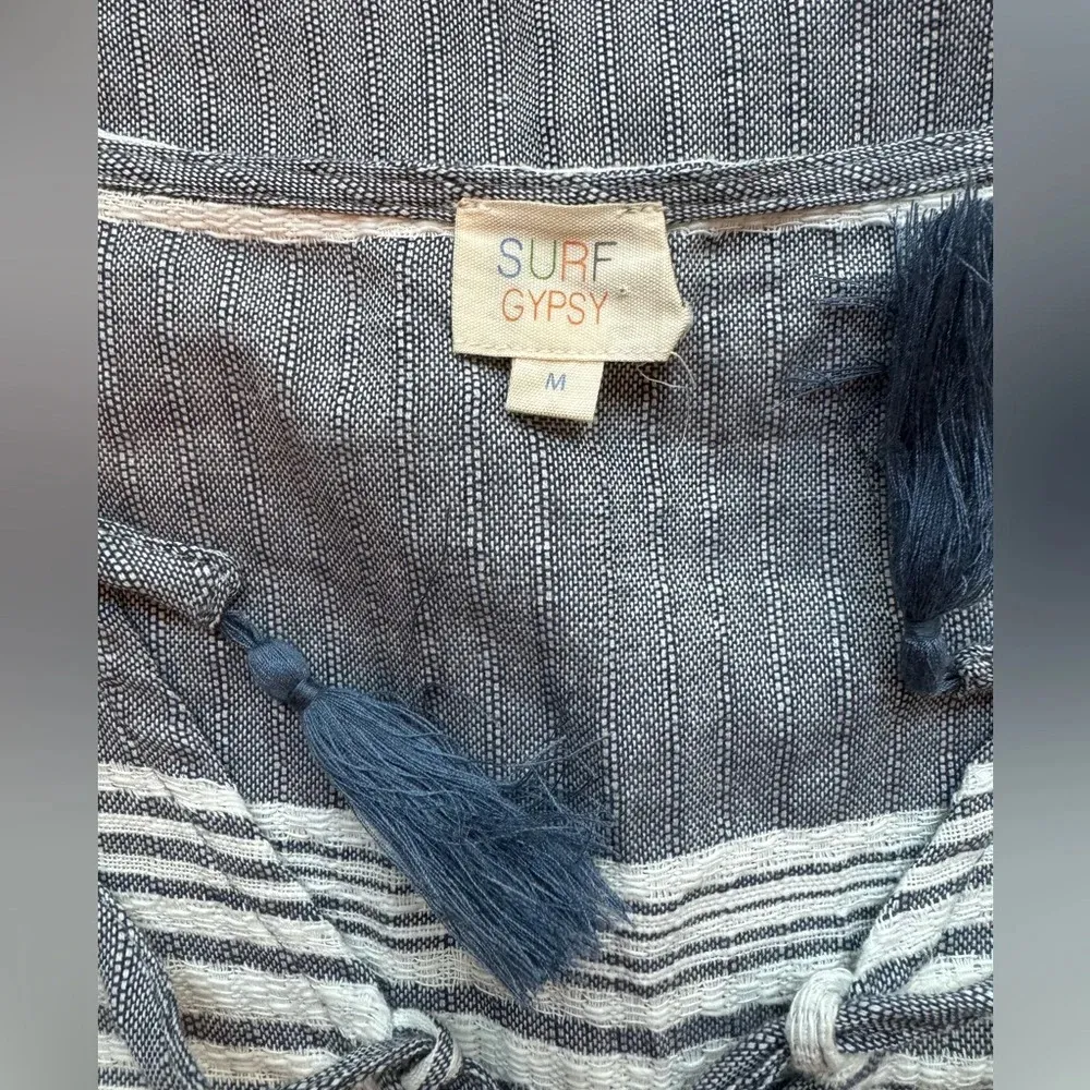 SURF GYPSY Dusty Blue & White Striped Tassel Trimmed Coverup - Size Medium - Image 5