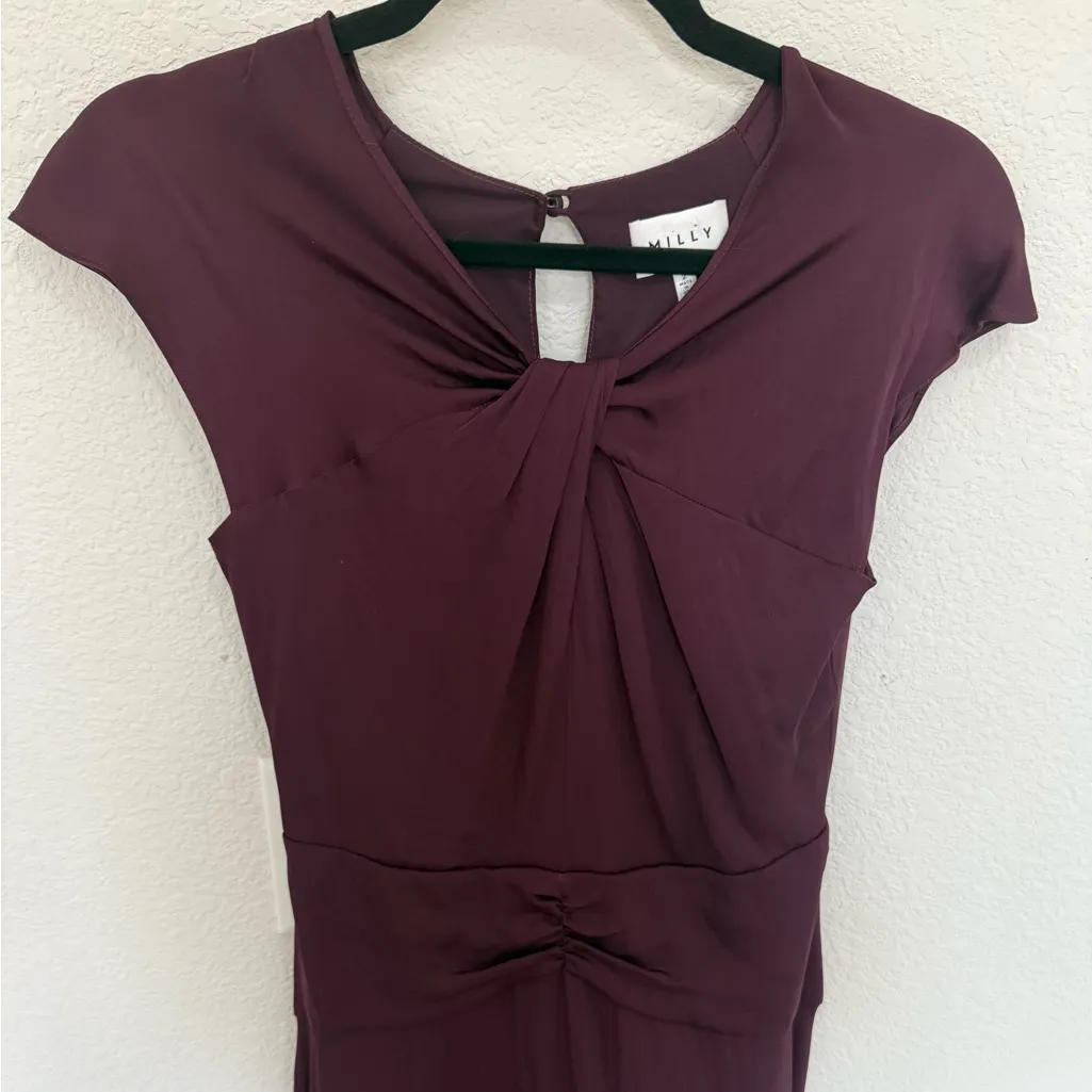MILLY Tatiana Twist Front Cap-Sleeve A-Line Silk Dress Purple Plum Size 2 - Image 4