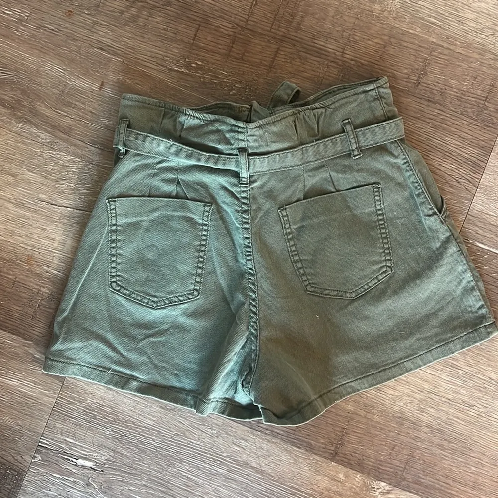 Mustard Seed Green Self Tie Paper Bag Shorts - Image 2