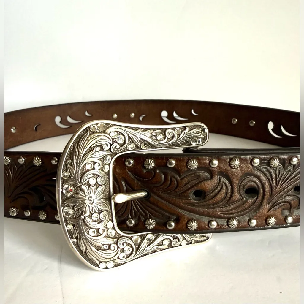 Ariat Western Tooled Brown Leather Belt Rhinestone Buckle Conchos Cowgirl Size L - Image 12