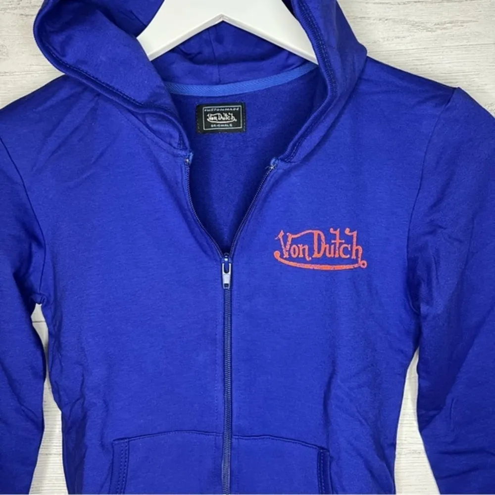 Von Dutch Zip Up Blue Hoodie with Orange Logo Signature Size Small - Image 4
