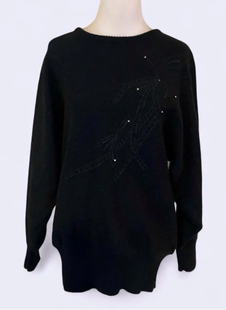 VINTAGE BONITA BLACK SILVER RHINESTONE EMBELLI SHED KNIT SWEATER SZ S - Image 2