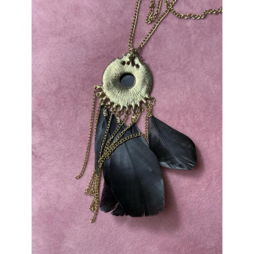 Boho Vintage Gold Tone Black Feather Fringe Statement Necklace - Image 4