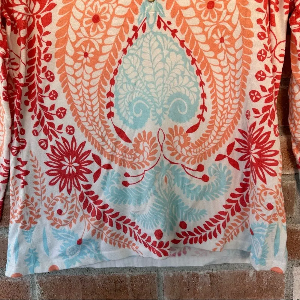 J. McLaughlin Sweater 3/4 Sleeves Half Button Paisley Blue Salmon Medium - Image 3