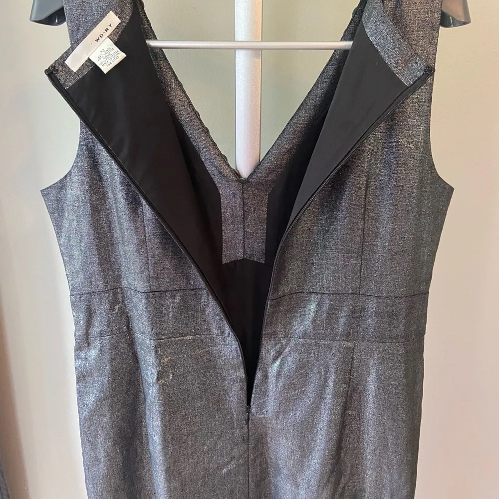 WDNY Dress Sz 12 Black Linen Blend Beaded Metallic Sheath Knee Length Sleeveless - Image 9