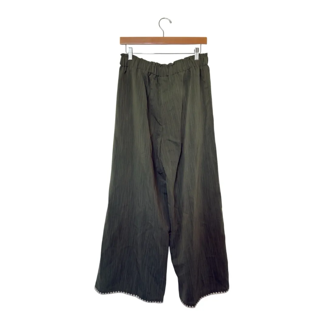 Entro Large Olive Green High Waist Scallop Trim Embroidered Wide Leg Pants NWT - Image 3