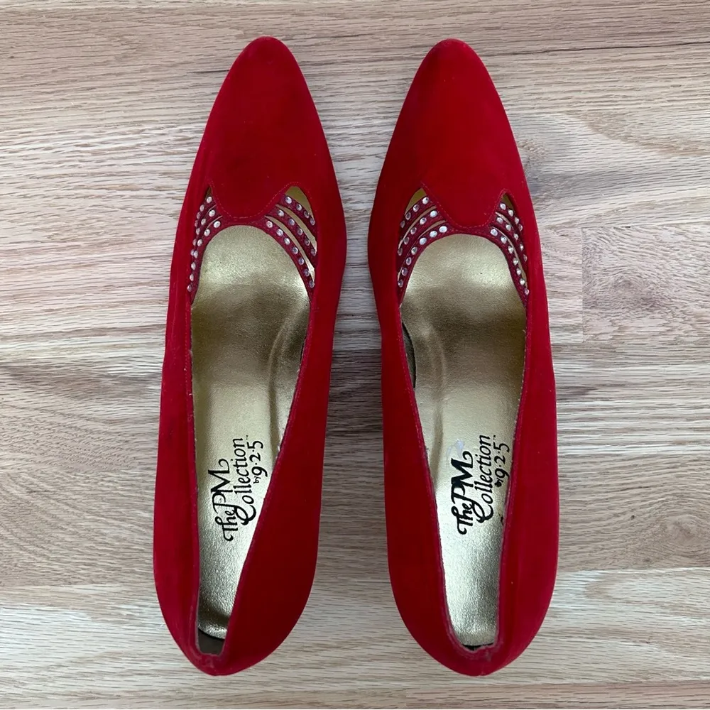 Vintage The PM Collection by 925 ~ Red Velvet Dress Pumps Jeweled ~ Size 9.5 - Image 6