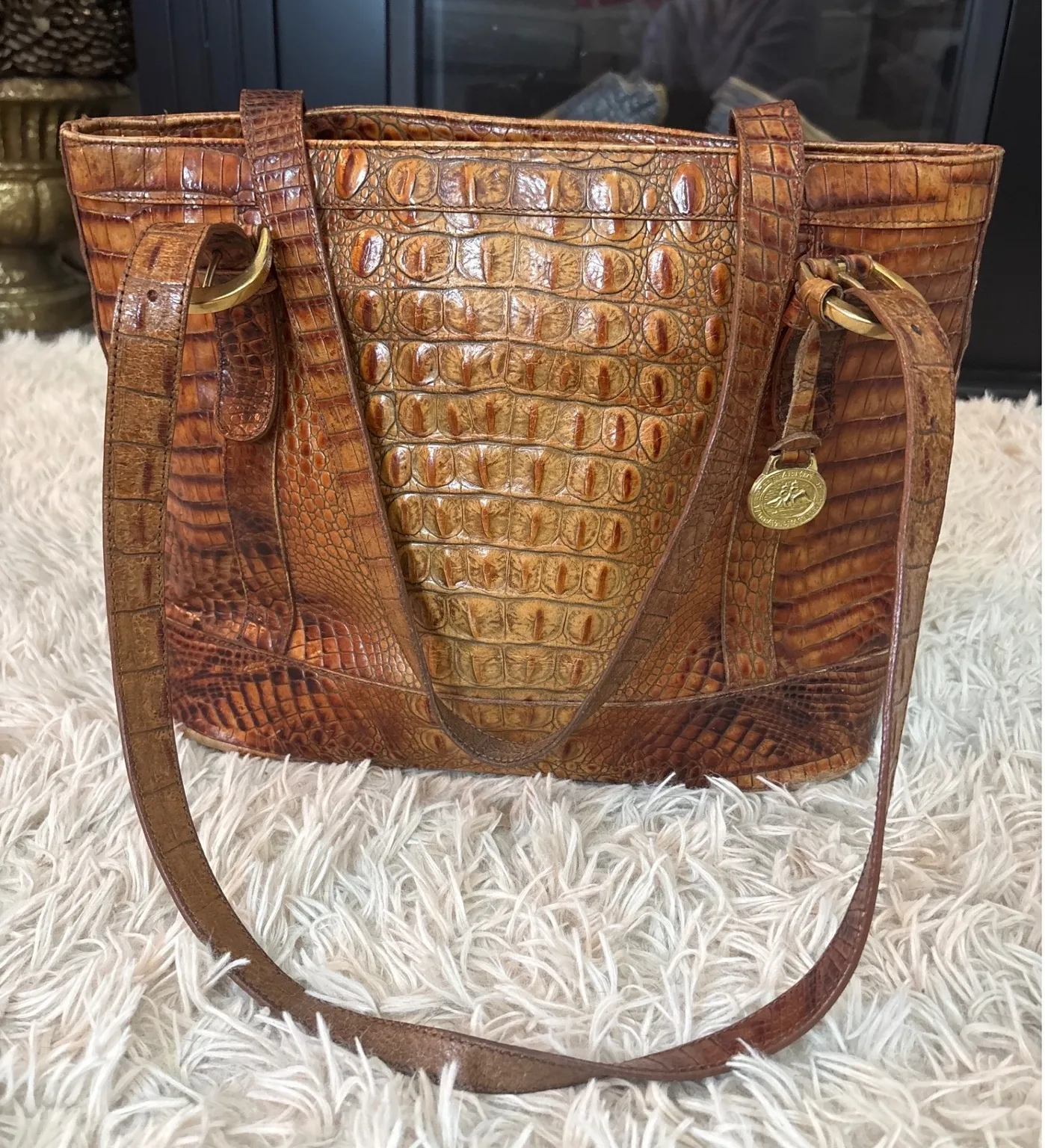 Vintage Brahmin Toasted Almond Collection Alligator Embossed Leather Purse Tote - Image 1