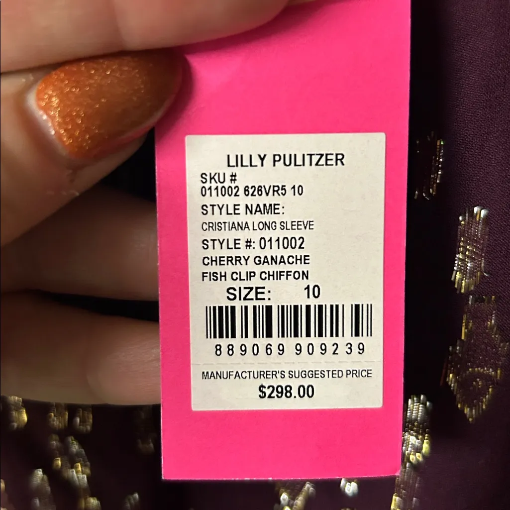 Lilly‎ Pulitzer NWT Cherry Ganache Chiffon Long Sleeve Dress Gold Accents - Image 7