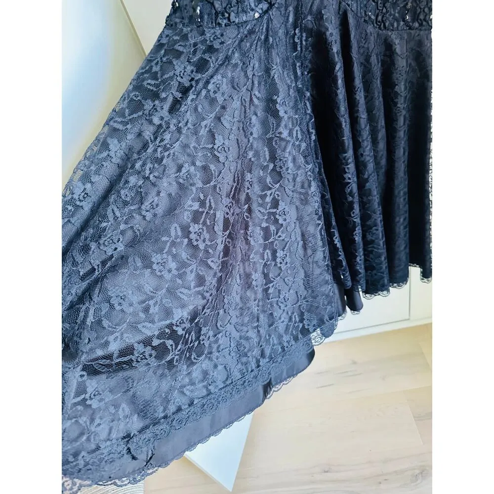Vintage 80s Formal Party Dress Black Lace Sequin Midi Fit Size Medium Fitted - Image 11