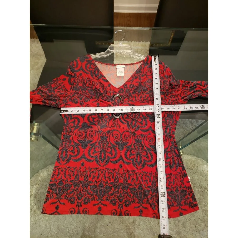 Jaclyn Smith Women's Red Floral Knot Hem V Neck Long Sleeve Top Blouse Large - Image 11