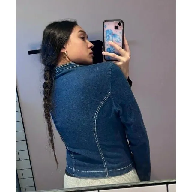 Frederick's of Hollywood Lightweight Dark Denim Jean Fitted Zip Jacket Fits XS - Image 3