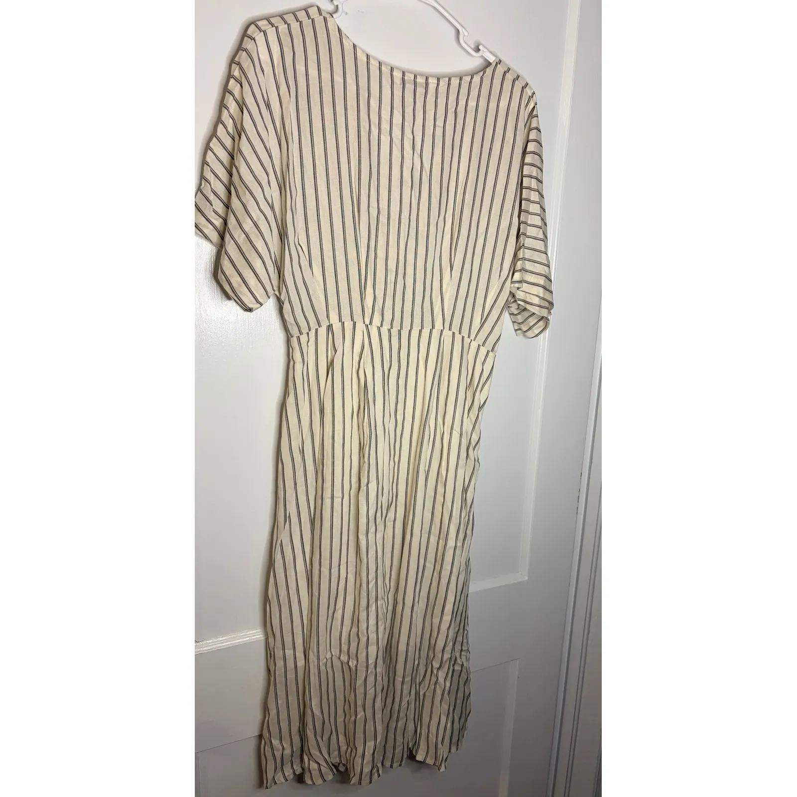 URBAN REVIVO Beige Stripe V Neck Button Front Midi Dress Women's Size M Black Size M - Image 4