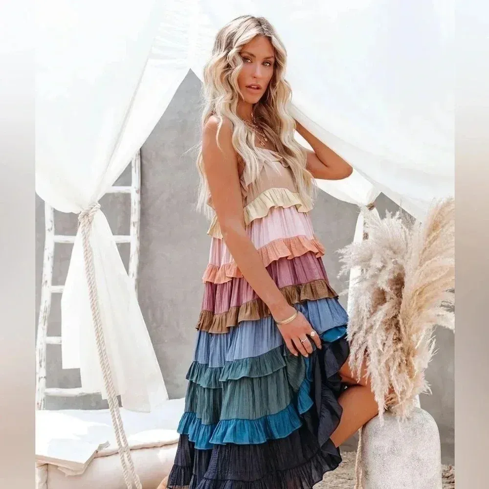 Storia tiered ruffles maxi midi dress muted rainbow flowy pregnancy summer - Image 9