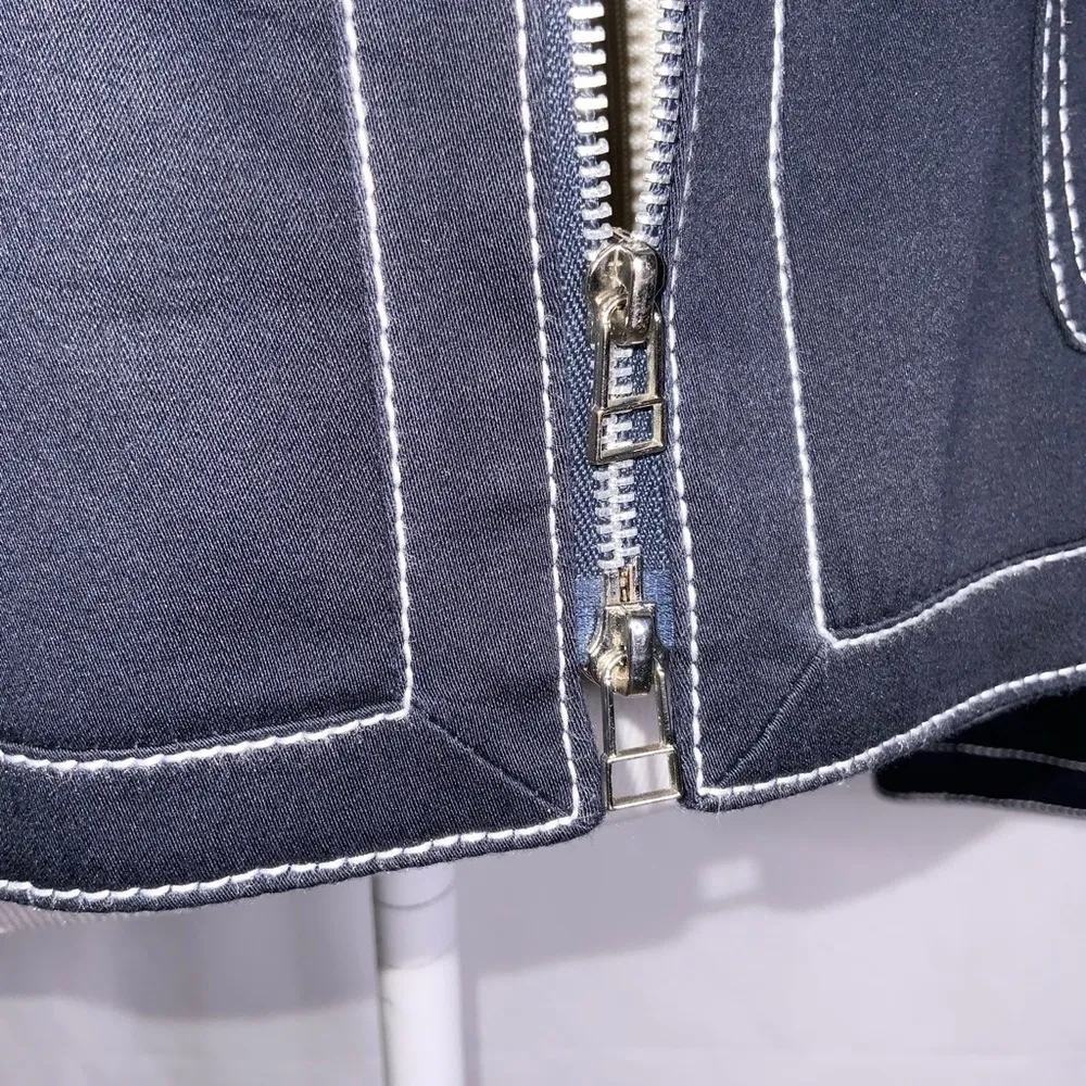 Nine & Company Navy Blue White Stitching No Collar Tailored Sporty Jacket 8 - Image 6