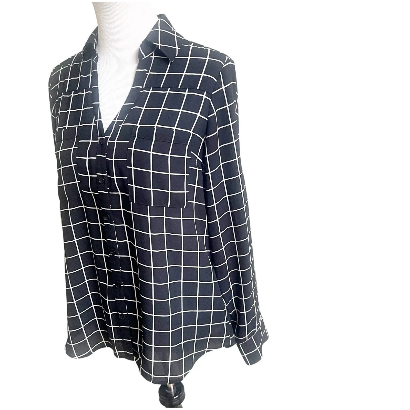 Express Portofino Button Down Shirt Windowpane Black Size Medium Collard - Image 4