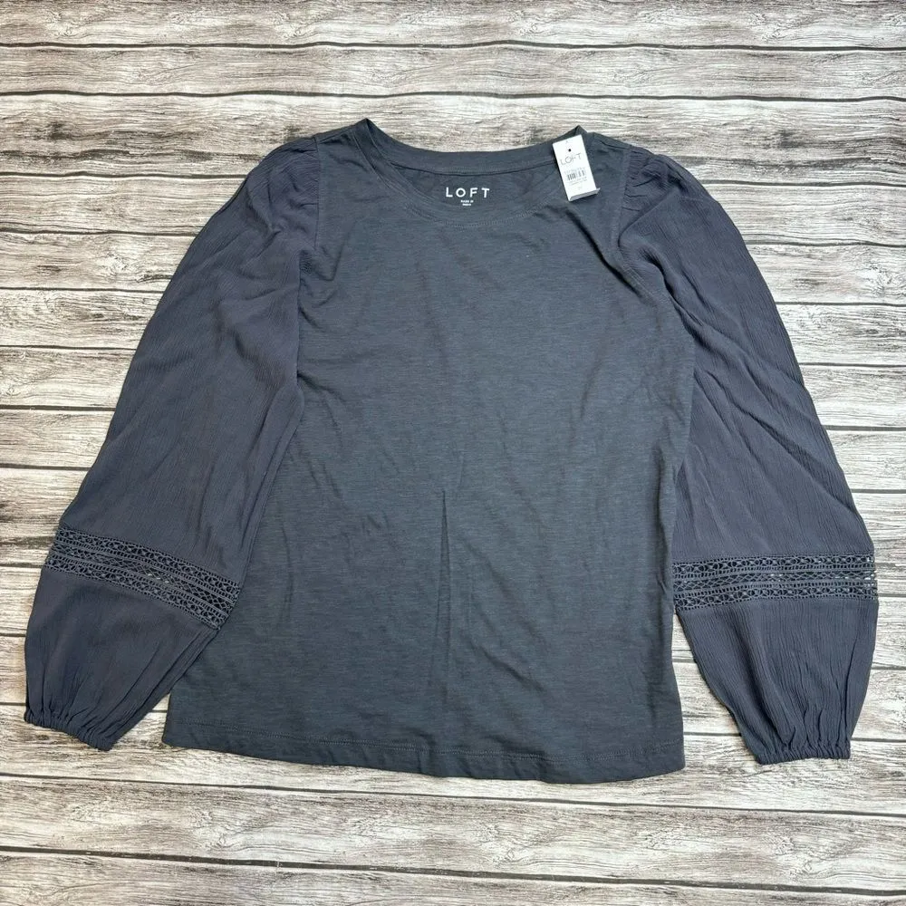 LOFT Women's Crinkle Lace Peasant Sleeve Blouse Top M Med Medium Dark Grey Gray - Image 3