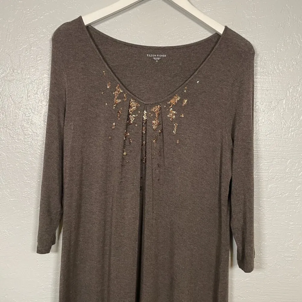 Eileen Fisher Women M Brown Sequin Beaded Shift Dress 3/4 Sleeve Jersey Knit - Image 3