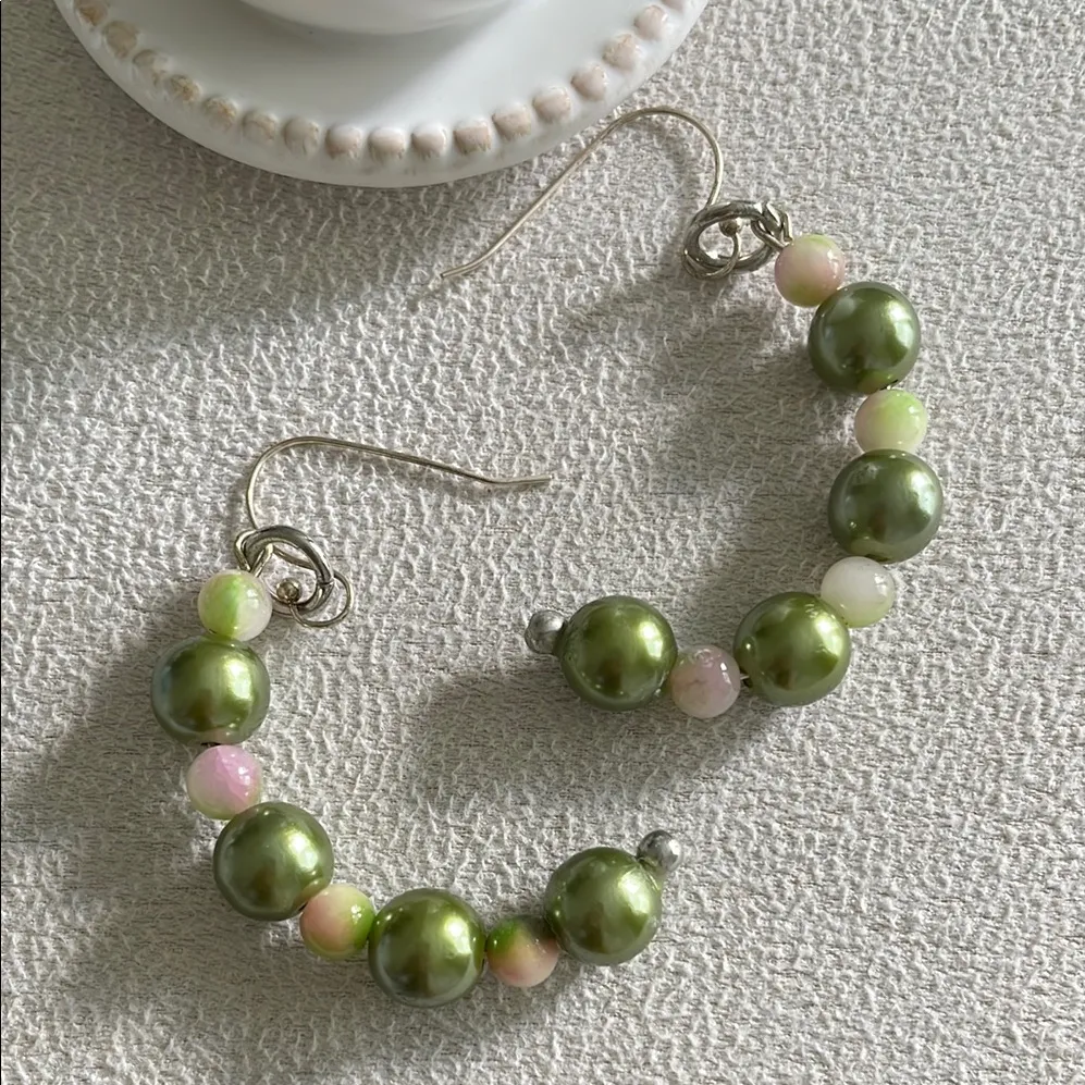 Handcrafted Green + pink bead dangle earrings - Image 4