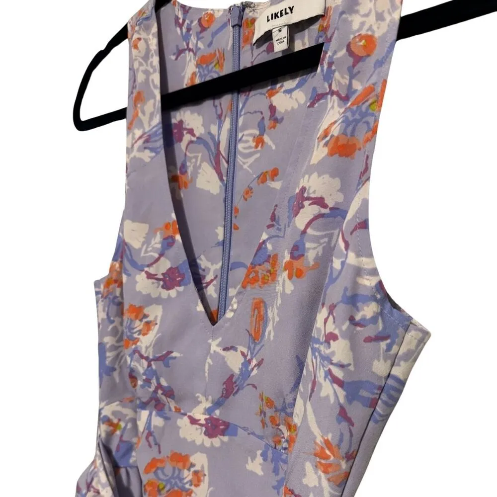 LIKELY Rana Tiered Ruffle Mini Dress Purple Floral Print Sleeveless Belted Sz 6 - Image 5