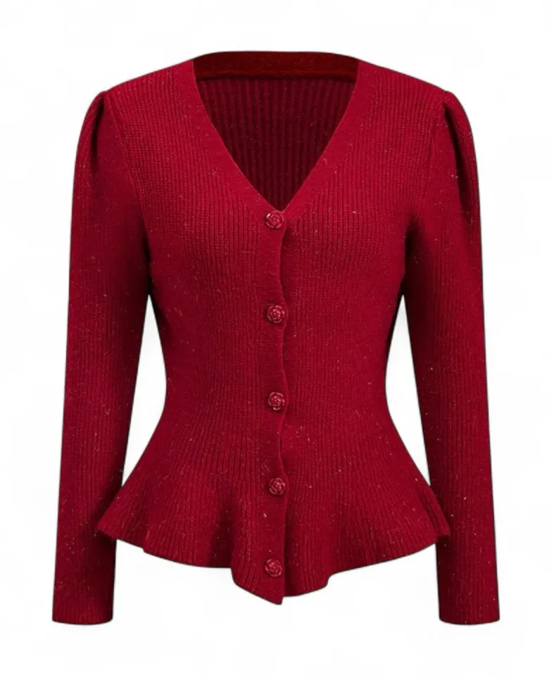 Micas Sweater Button Elegant Red V-Neck Long Sleeve NWT Peplum hem Size Small - Image 1