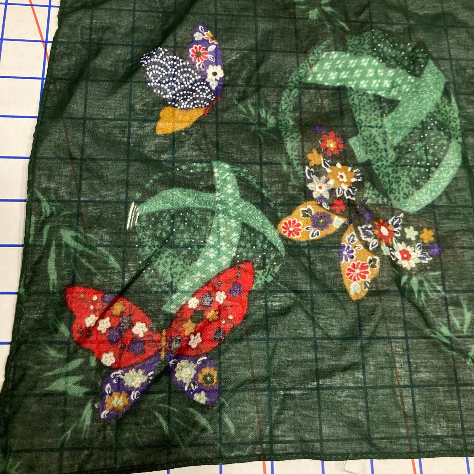 VTG Green Japanese Temari Chirimen Butterfly Print Scarf Wrapping Cloth Fairy - Image 6