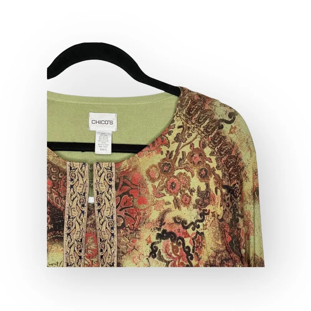 Chico’s ᪥ Silk Brocade Trim Printed Cardigan Twin Set ᪥ Sage Floral ᪥ Large ᪥ - Image 4