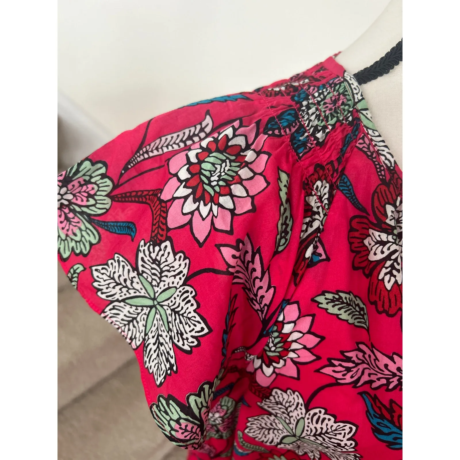 Talbots Hot Pink Block Print Floral Flutter Sleeve Cotton Knee Length Sundress - Image 4