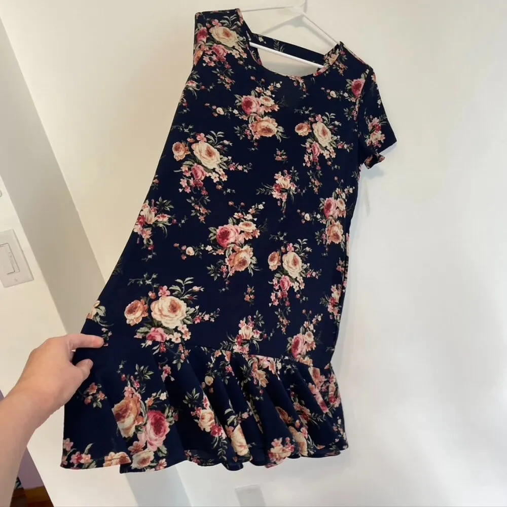 NEW NWT BLUE RAIN FRANCESCA'S Navy Blue Pink Cream Floral Ruffle Shift Dress M Size M - Image 7