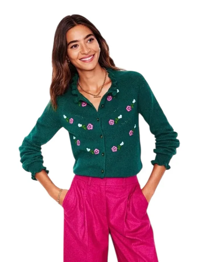 Boden New With Tags Fae Embroidered Fair Isle Cardigan Womens Medium Green Pink - Image 1