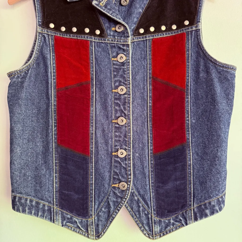 Vintage 70s Carole Little Street Wear Denim Vest Patchwork Western Boho Hippie M Blue Size M - Image 3