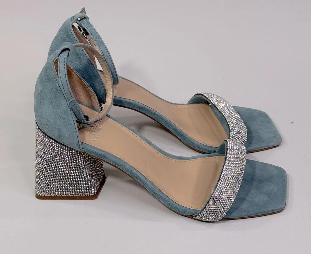 VINCE CAMUTO Kreteli Suede Embellished Block Heel Sandal Shaded Spruce-9M/40 - Image 3