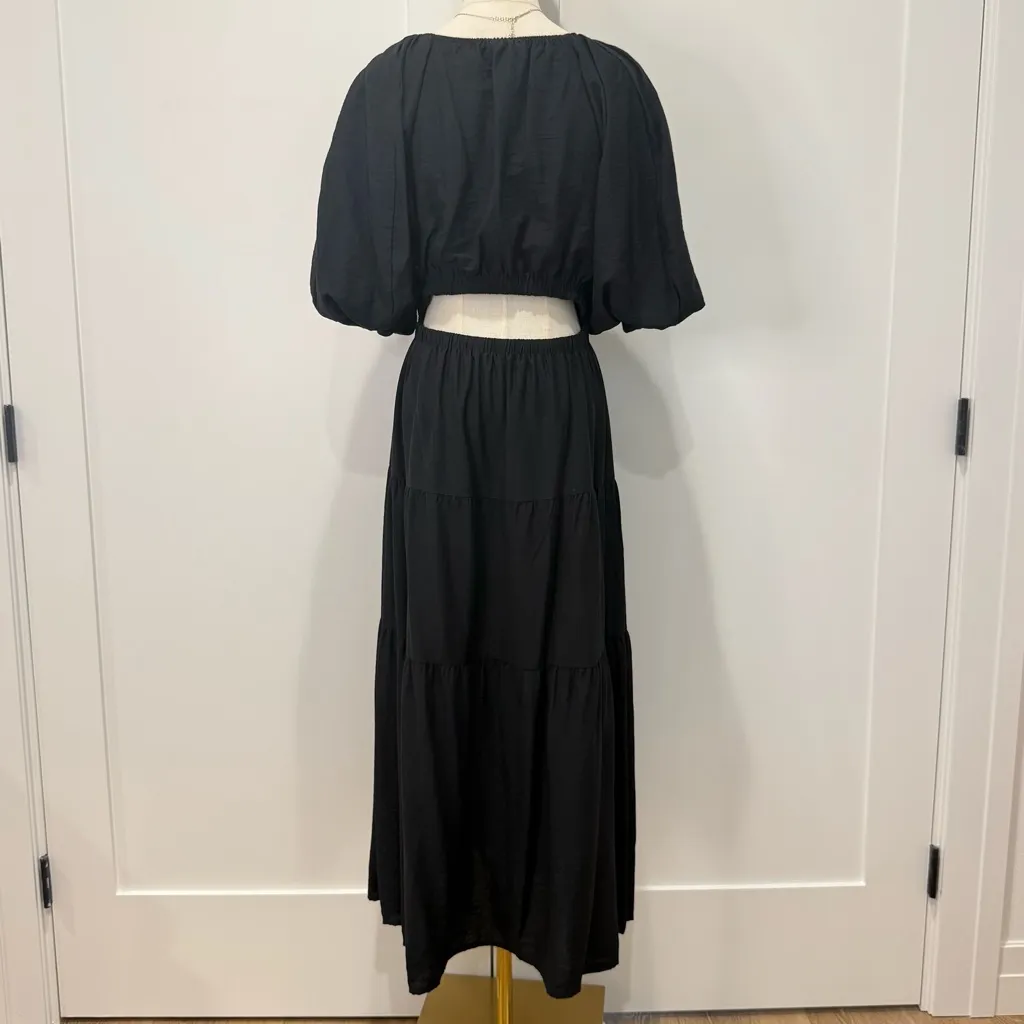 Puff Sleeve Shirred Cutout Tiered Midi Dress Medium Black Puff Sleeve Cottage - Image 4