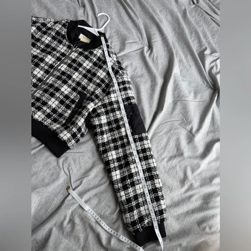 Anthropologie Maeve Plaid Tweed Bomber Jacket M Crop Black White Academia Boho - Image 13