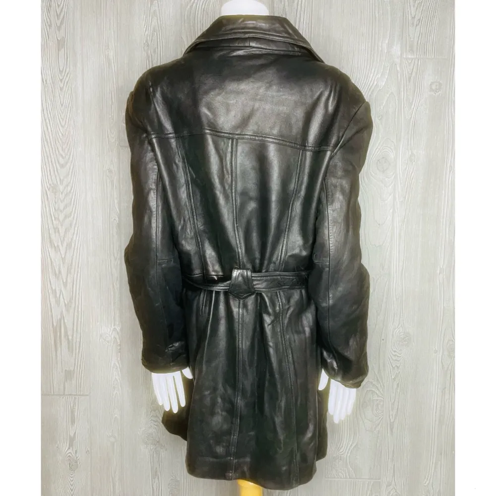Black vintage guess leather belted jacket with pockets long sleeve winter coat L - Image 11