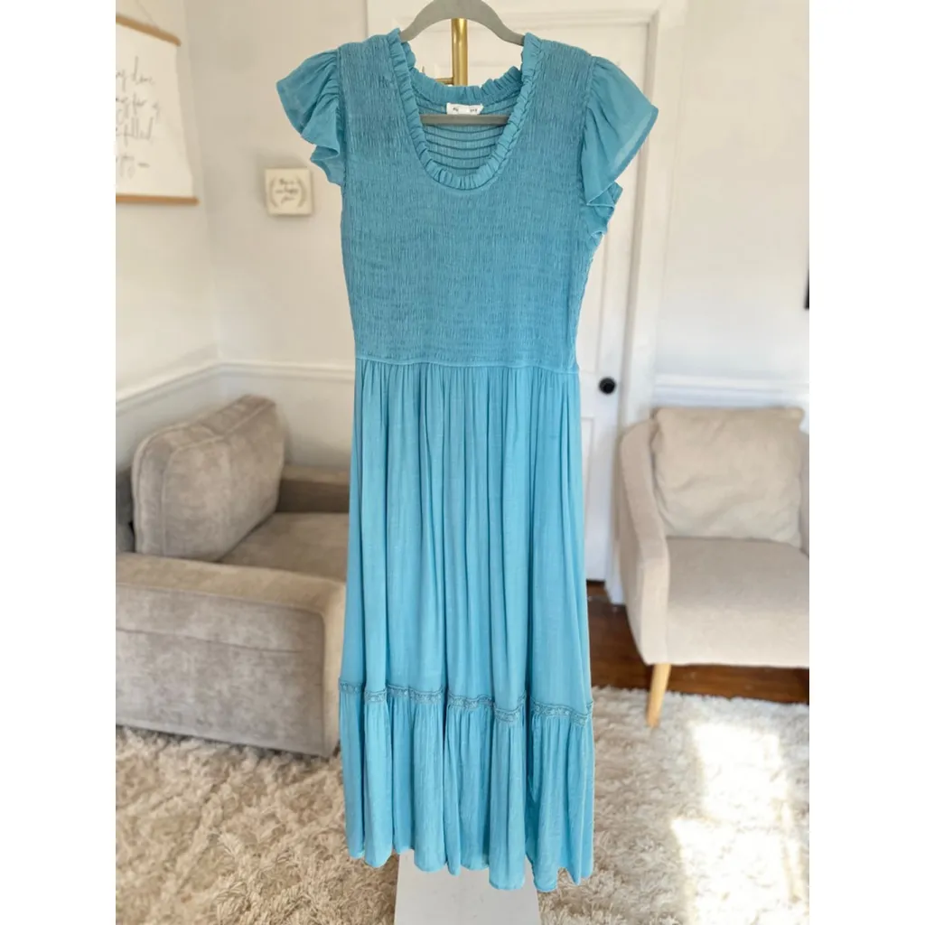 August Sky Smocked Maxi Dress Blue Ruffle Sleeve L Cottagecore Quiet Luxury Size L - Image 3