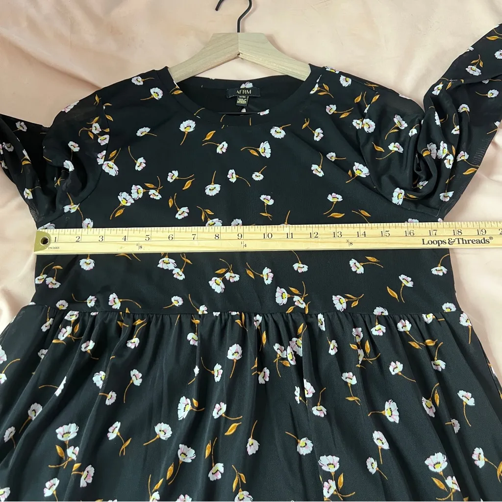 AFRM Noir Spring Floral Sheer Mesh Tiered Long Sleeve Mini Babydoll Dress Size M Black Size M - Image 16