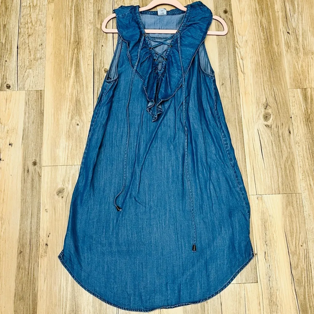Ethereal boutique Lace Up Frill Neck Chambray denim Dress sz small - Image 7