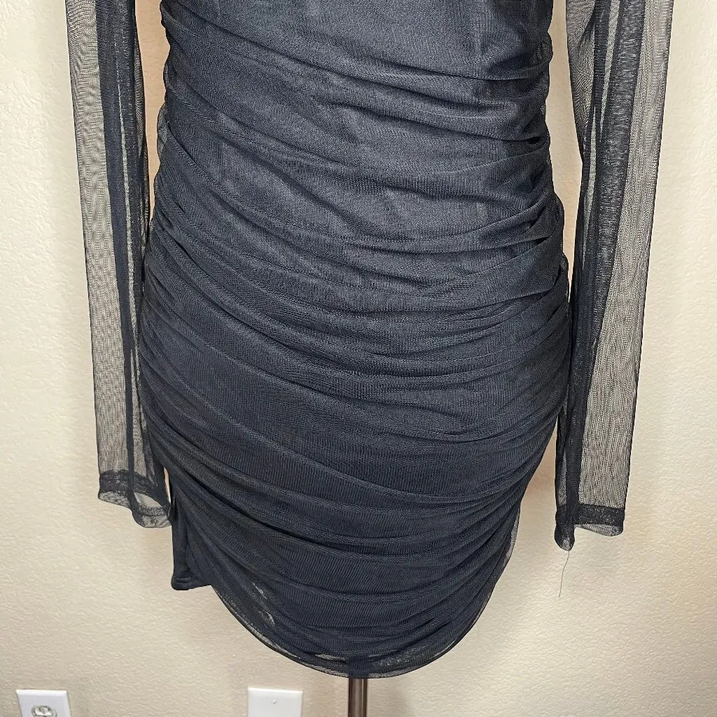 Booohoo Black Square Neck Ruched Mesh Bodycon Dress Sexy Coctail Party Sz 12 - Image 3