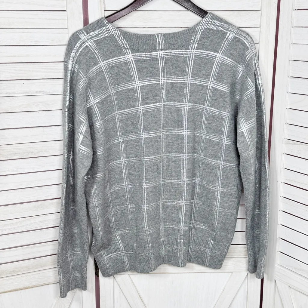Calvin Klein Metallic Silver Windowpane Plaid V Neck Sweater Grey Medium - Image 10