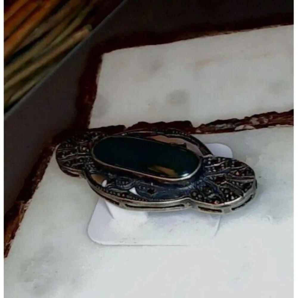 Vintage Brooch Sterling Silver Marcasite Chrysoprase Green Centerpiece Art Deco - Image 7