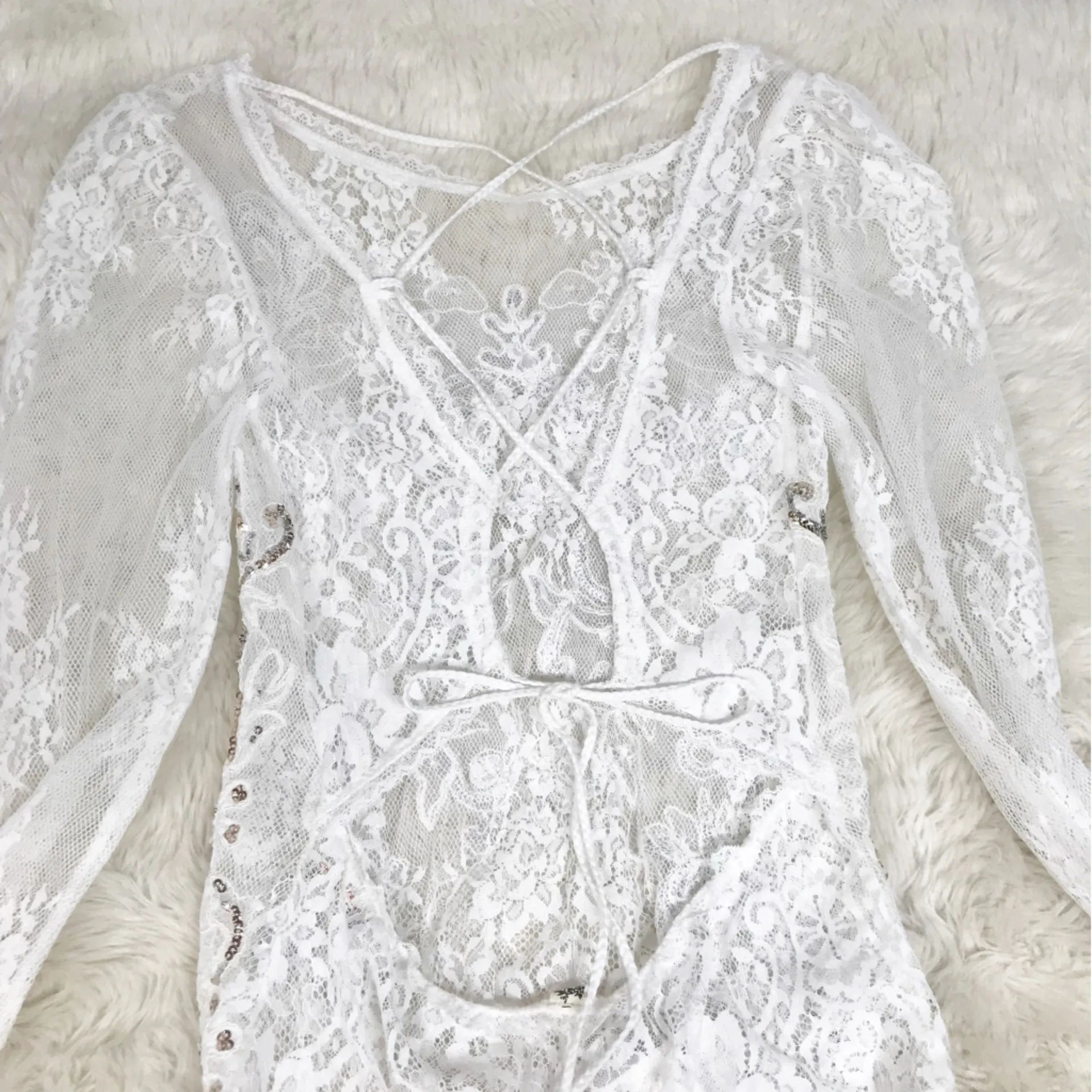 FREE PEOPLE Sheer White Lace Sequin Beaded Bodysuit XS Embroidered Boho Festival - Image 11