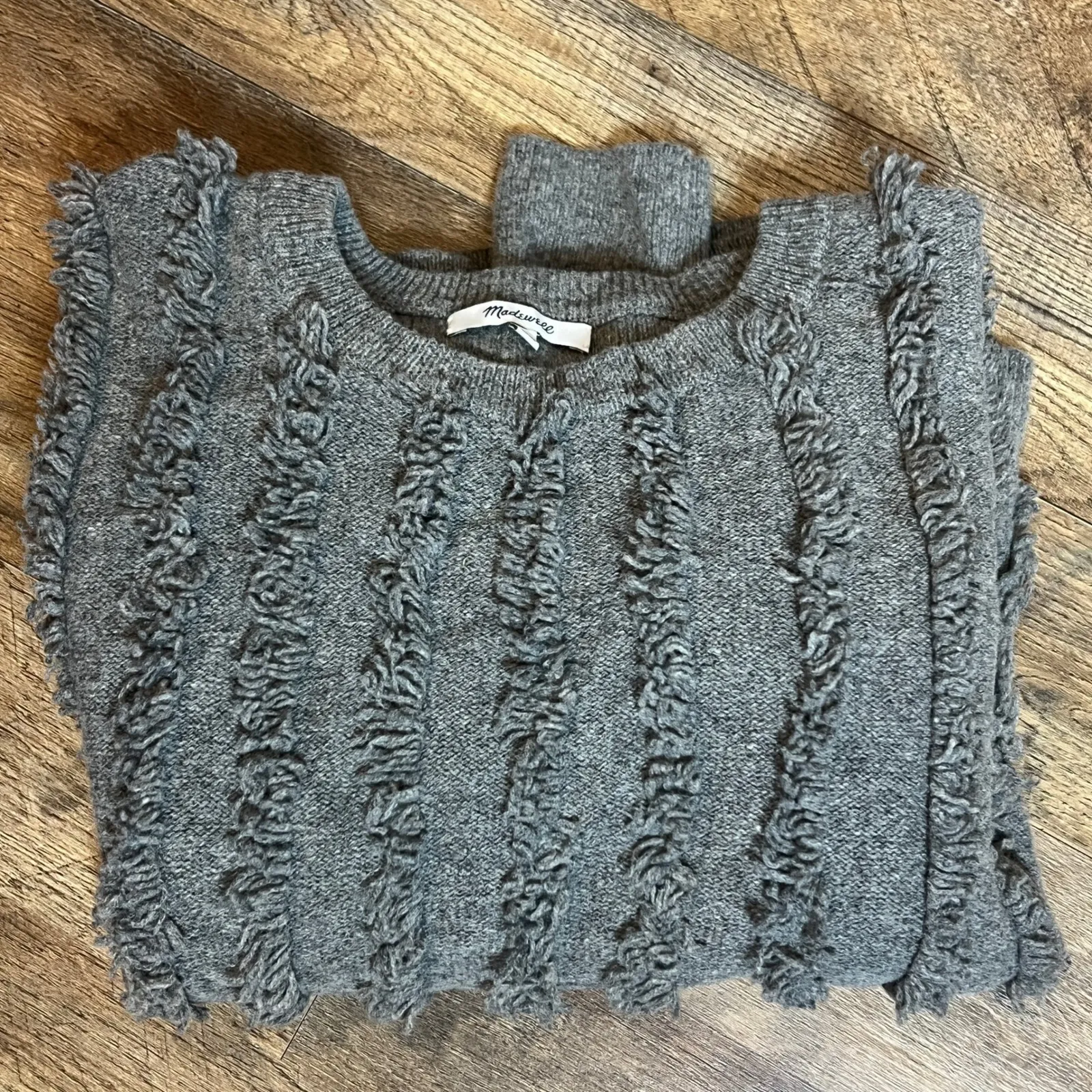 Madewell Merino Wool Fringe Sweater Gray Women's XL Crewneck Textured Knit - Image 4