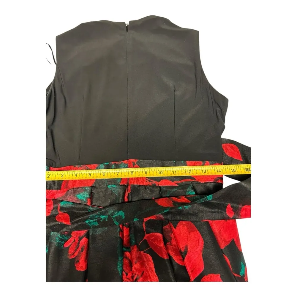 Leslie Fay 
Black Red Floral Print Textured Skirt Long Maxi Dress Waist Tie SZ6 - Image 11