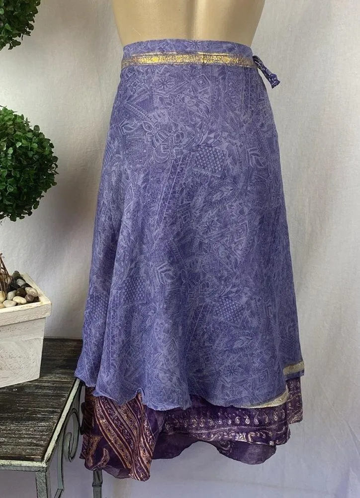 100% Silk Urban Nomad Print Wrap Tie Midi Mid Length Bohemian Skirt OS Blue Size undefined - Image 2