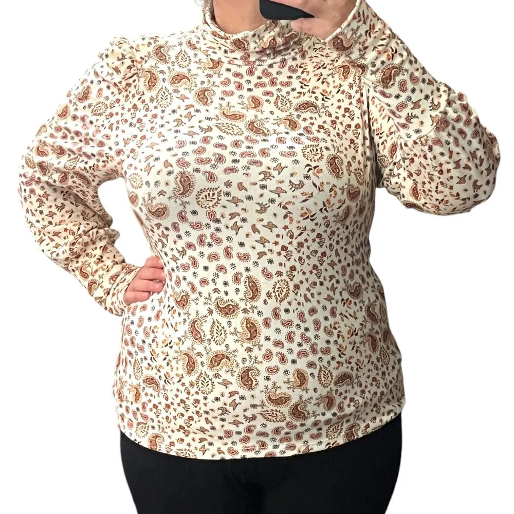 Les Serein MEDIUM Puffy Shoulder Detail Turtleneck Pasiley Print Soft Pullover Brown - Image 8