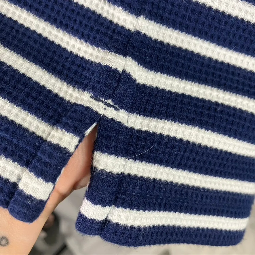 Lands' End Women's XL Deep Sea Navy Ivory Stripe Waffle Sleep Shirt Top New Blue - Image 6