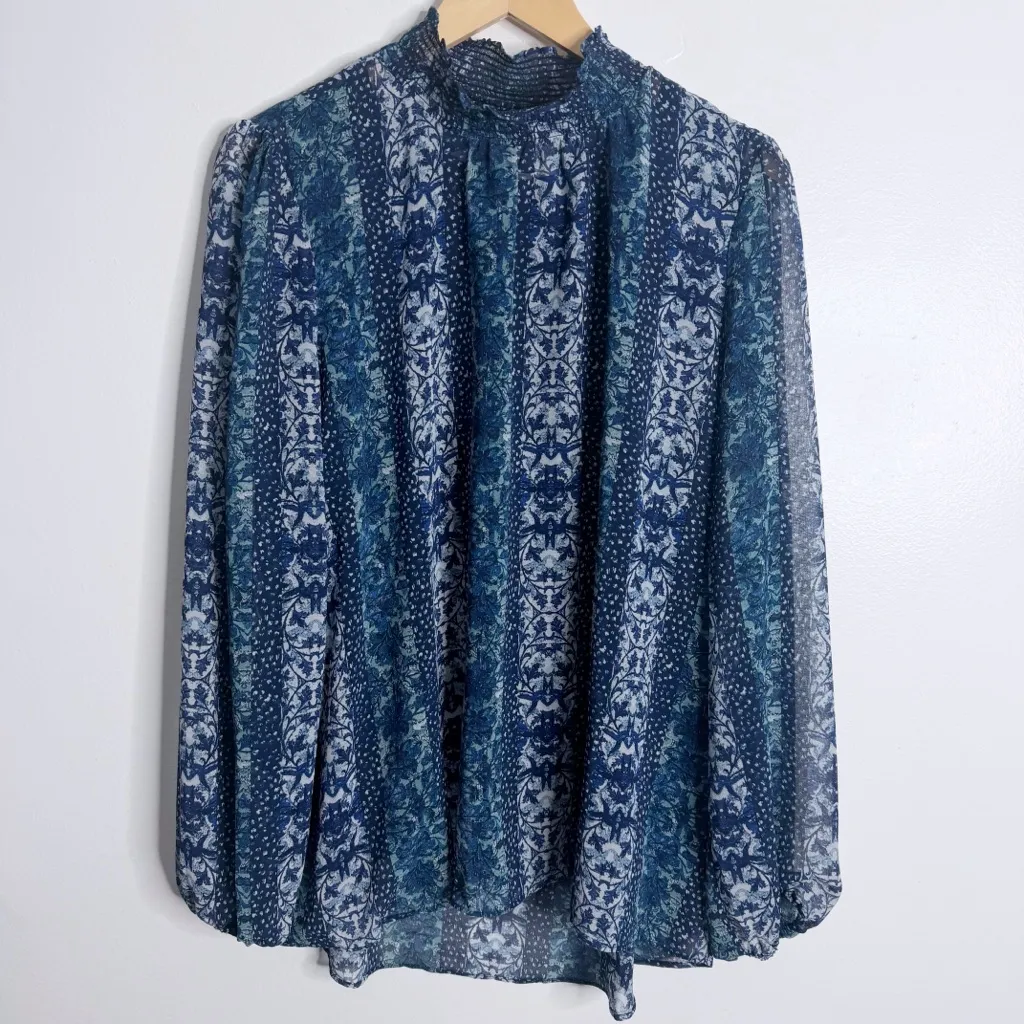 Susan Graver Printed Chiffon Smocked Mock Neck Fully Lined Top Blue Large - Image 2