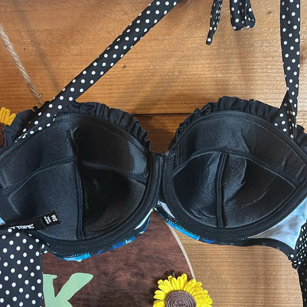 Hot Topic Polka Dot Floral Tie Swim Suit Top Bikini Rose Ruffle Black Adjustable - Image 4